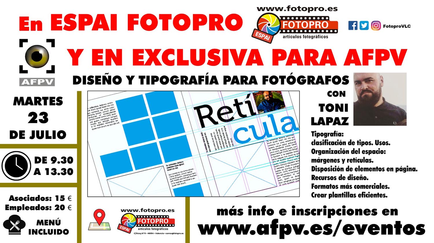 Cartel presentación Taller jornada formativa de diseño y maquetación para fotógrafos en exclusiva para para AFPV